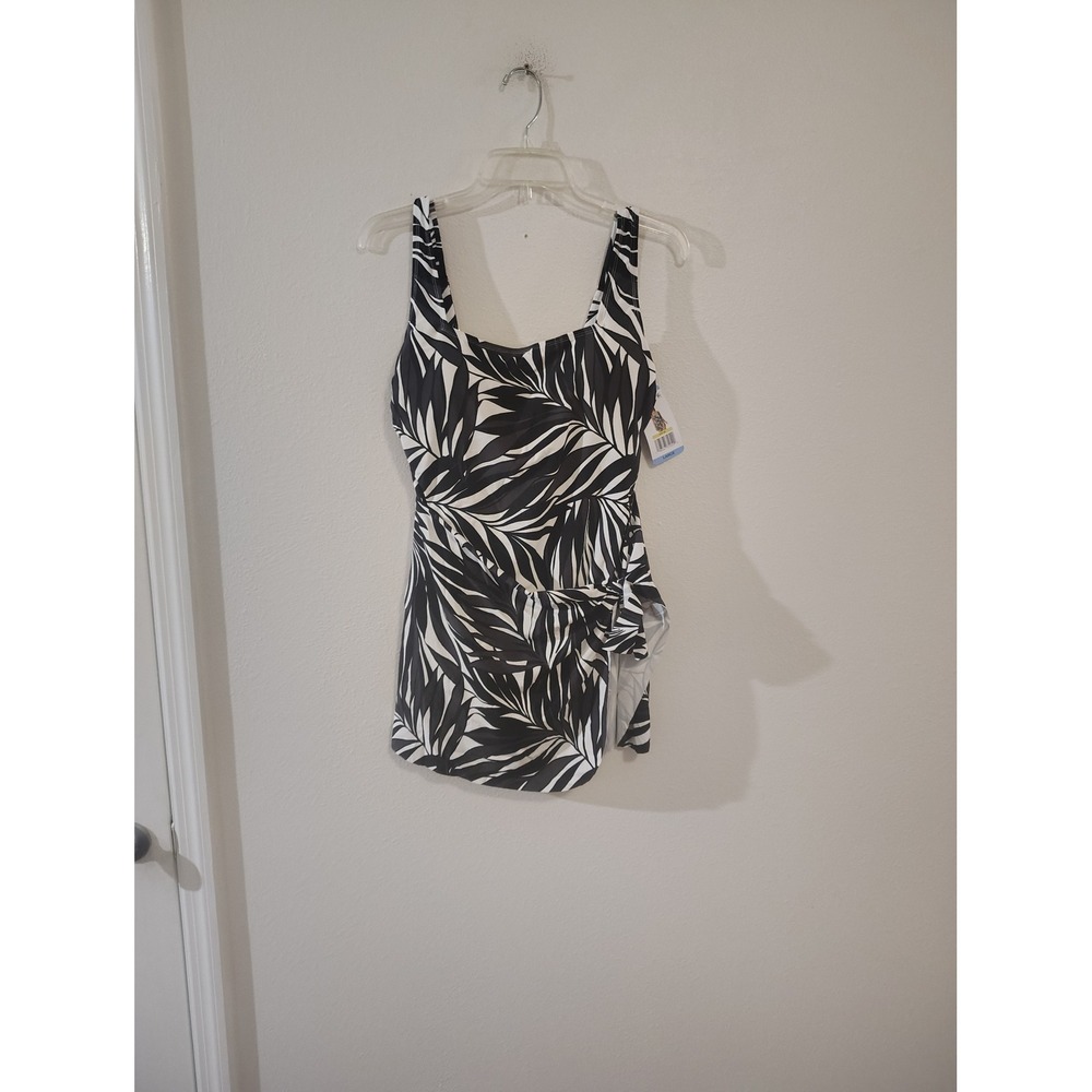 Anne Cole Women Black White‎ Tropical Palm Leaf Print Swim Dress One Piece Large